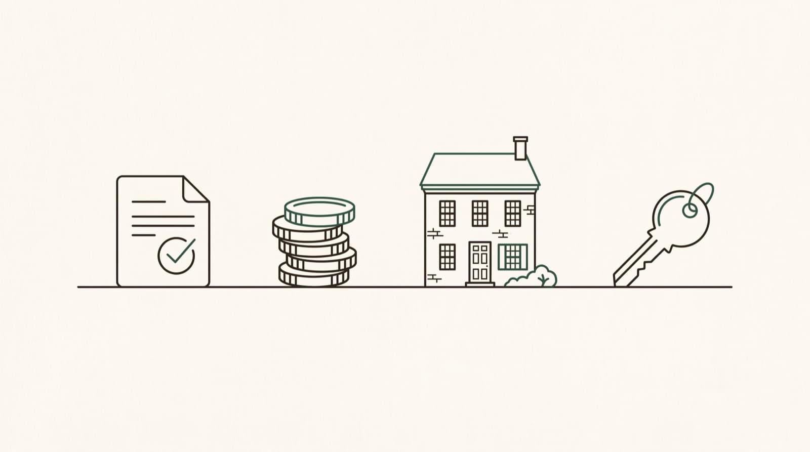 Line illustration showing a document, savings, a Virginia home and a key as stages in a first-time home purchase.